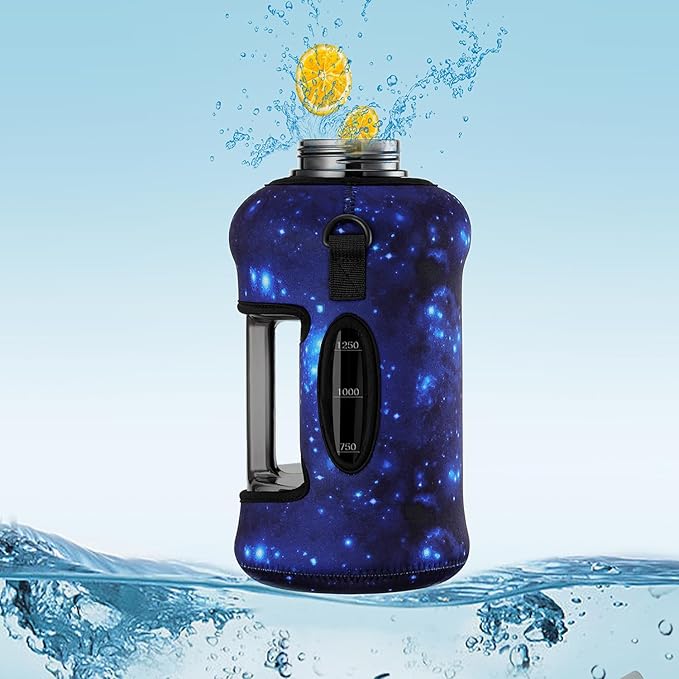 YOUCAN PLATO 74 oz Half Gallon Water Bottle with Sleeve-Large Water Bottle -Big Water Bottle-Gym Water Bottle with Straw- Gallon Water Jug with Handle -BPA Free- Leakproof, Workout bottle,Star Blue