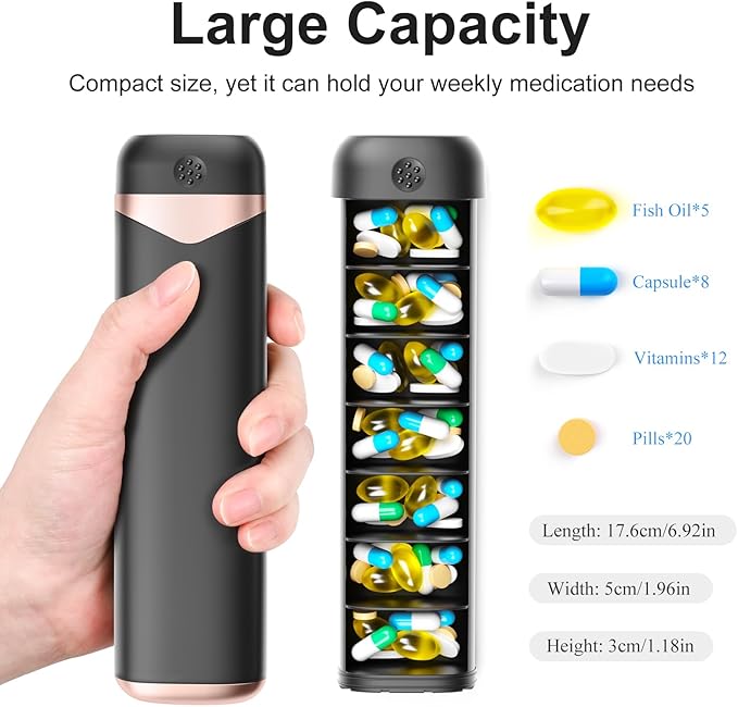 Black&Rose Gold Weekly Pill Organizer - 7 Day, Portable Travel Pill Box for Medicine, Fish Oil, Vitamins