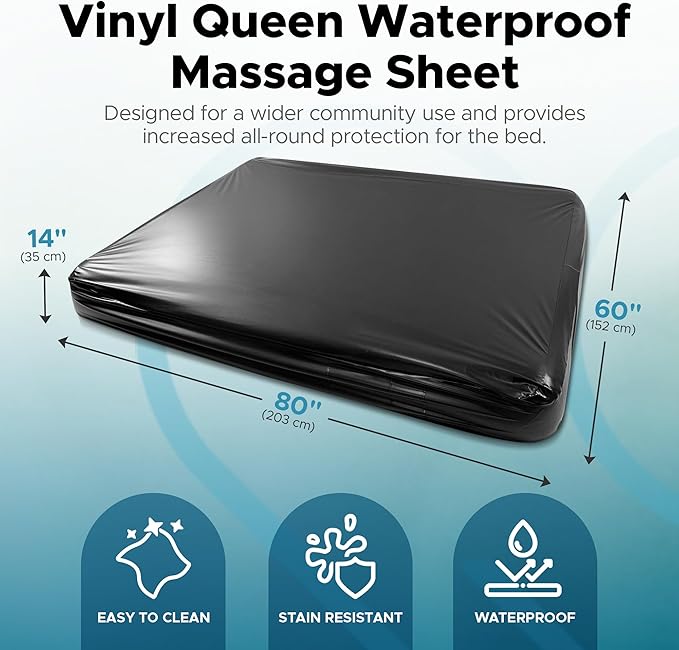 Black Vinyl Queen Waterproof Fitted Massage Bed Sheet with Side Pocket | Mattress Protector, Bed Cover for Nuru Massage - Oil, Water-Based, Silicone Safe | 60'' x 80'' + 15.7'' Deep Pocket