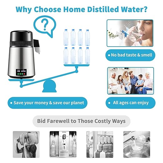 1.1 Gal Distilled Water Maker with 0-99H Timer, 750W Countertop Machine for Pure Water, Alcohol & Essential Oils, Includes Glass Carafe & Cleaning Kit
