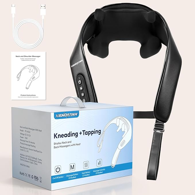 Shiatsu Neck and Back Massagers with Heat, Cordless Rechargeable 4D Kneading + Tapping Wearable Massager, 3 Tapping Intensities, 3 Speeds, Ultra-Quiet Under 45dB for Deep Muscle Relief