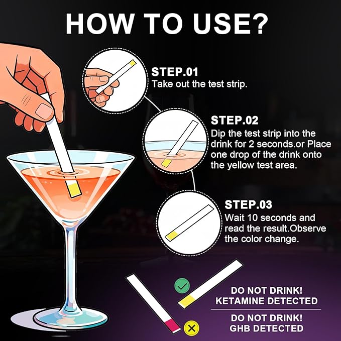 Drink Spike Test Strips - 50 Strips, GHB and Ketamine Detector, Ensures Drink Safety, 10-Second Results.Beverage, Wine, Cocktail, Beer, Juice, Water etc