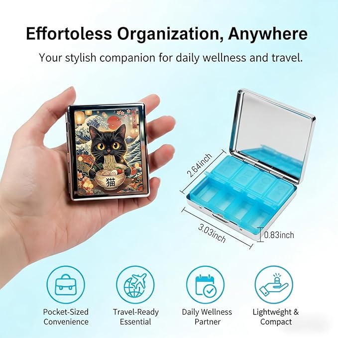 Metal 7 Day Pill Organizer, Weekly Pill Case 8 Compartments, Travel Pill Box for Purse & Pocket, Small Medicine & Vitamin Organizer, PP Dividers, Secure Clasp (Ramen Cat)