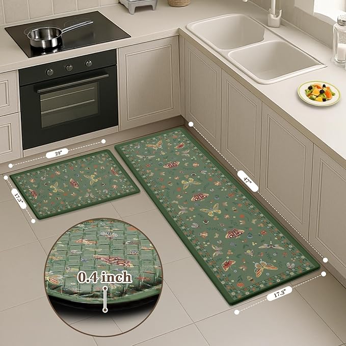 Arttown Kitchen Mats for Floor 2Pcs-Anti Fatigue Non Slip Mats for Kitchen Floor, Cushioned Waterproof & Stain-Resistant Boho Floral Mat Set, Laundry Room, Office, Sink, Desk (Green)