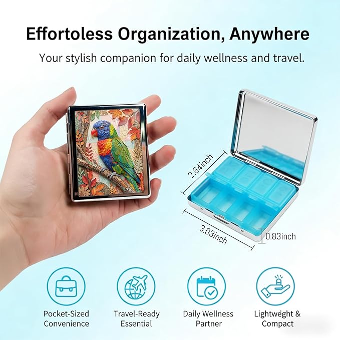 Metal 7 Day Pill Organizer, Cute Small Weekly Pill Case with 8 Compartments for Travel, Moisture-Proof Medicine Holder for Purse, Compact Daily Vitamin Box (Autumn Parrot)
