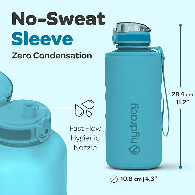 Hydracy Water Bottle with Time Marker -Large BPA Free Water Bottle & No Sweat Sleeve -Leak Proof Gym Bottle with Fruit Infuser Strainer & Times to Drink -Ideal for Fitness Sports & Outdoors