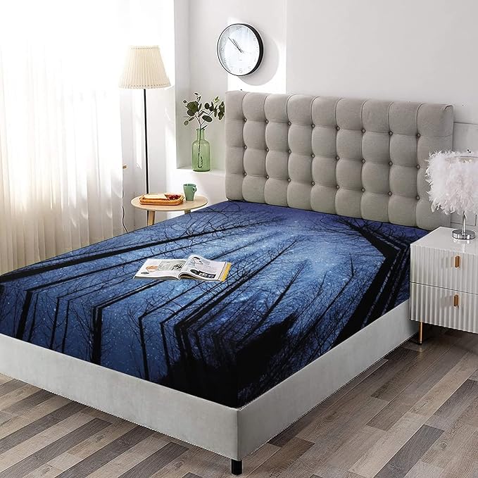Decorative Bedding Sheet Set Twin XL Size, Night Sky Deep Pockets Fitted Sheet & 2 Pillow Sham Set, Forest Dry Tree Branches Starry Sky Stars Winter Landscape Print Microfiber 3pc Bed Sheets Set