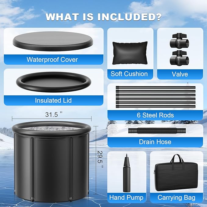 XL 100 Gal Ice Bath Tub for Cold Plunge – Portable Inflatable Ice Pod with Insulated Lid & Dual Valves, Chiller Compatible Cold Plunge Tub for Ice Bath Recovery, Indoor & Outdoor Use