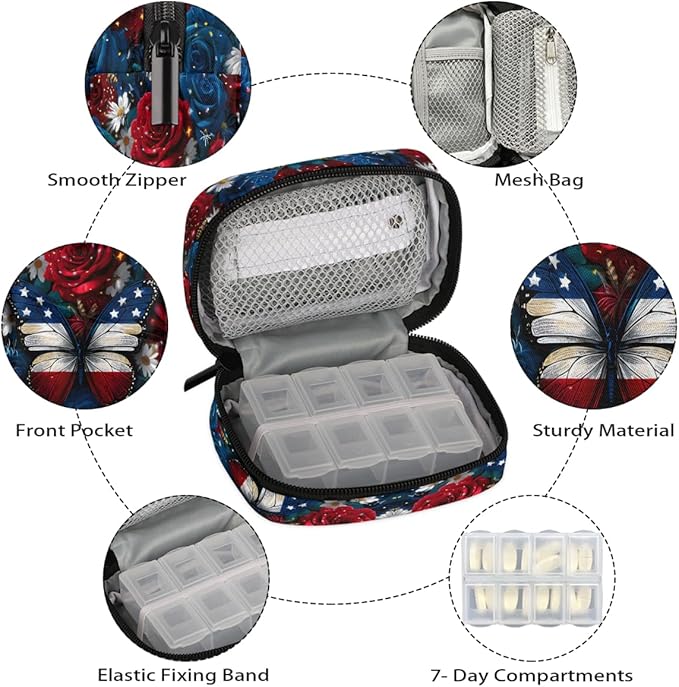 Flowers Butterflies American Flag Pill Case Everyday Travel, 7 Day Weekly Medicine Pill Box Compact Portable Pills Bottle Organizer with Zipper for Daily Vitamin Medicine Holder Bottle Organizers Bag
