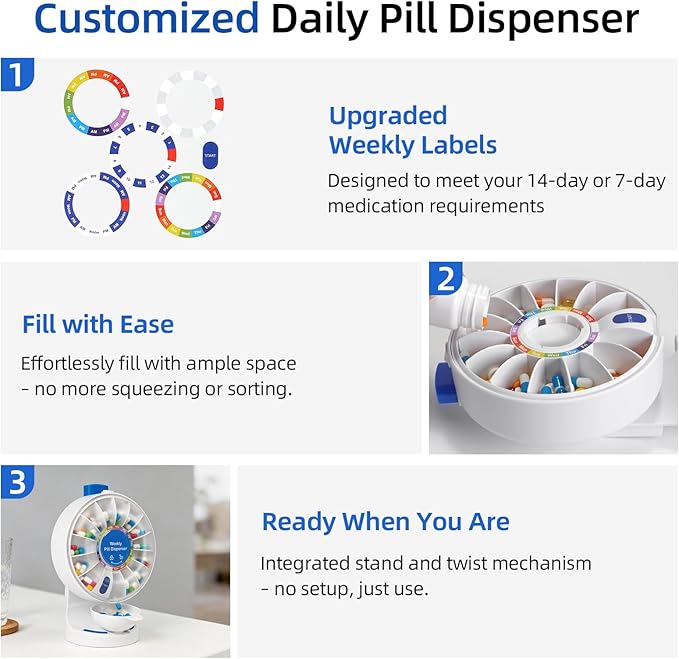 Weekly Pill Dispenser, 14 Compartment Large Pill Organizer with One-Press Button, Wall Mount or Countertop Pill Dispenser with Cup, Easy Vitamin & Medication Organizer for Elderly (Blue)