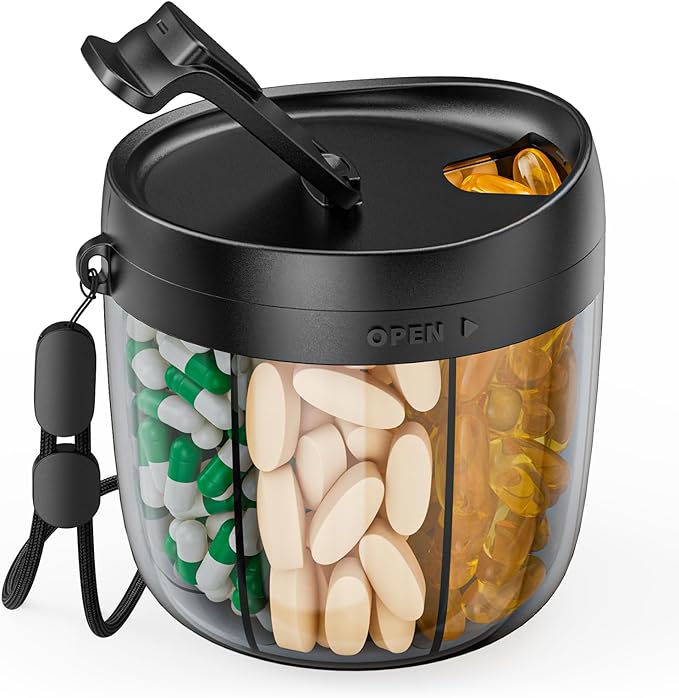 PULIV Portable Pill Dispenser Bottle, Vitamin Organizer with 7 Compartments, Holds Plenty of Supplements with Anti-Mixing & Wide Openings Design, Easy to Retrieve Meds, Includes 20 Pcs Sticky Labels