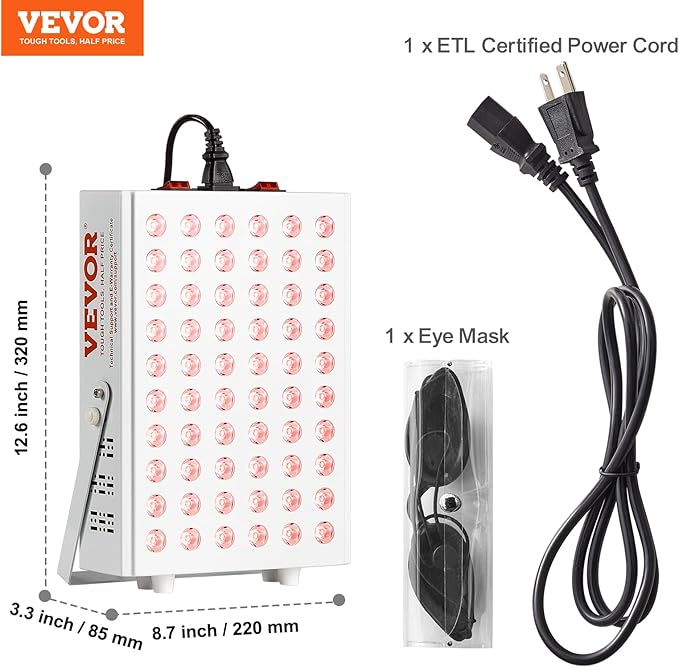 VEVOR Red Light Therapy for Body Face, 60 Dual-Chip LEDs, Red 660nm & Near Infrared 850nm Combo, High Power Red Light Therapy Panel for Recovery, Pain Relief, Wound Healing, Skin Health, 80W