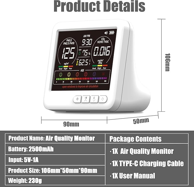 Professional Indoor Air Quality Monitor with AQI Alerts, Portable Real-Time Detector for Home, Car, Plants & Pet