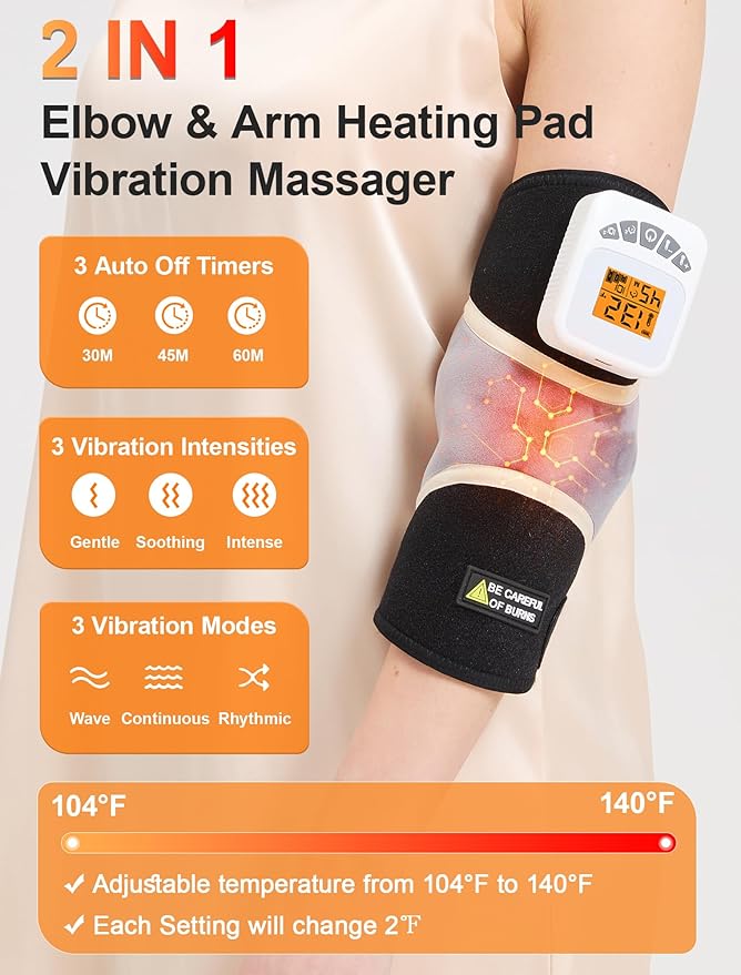 CAMECO 2-in-1 Cordless Elbow Massager with Heat for Tennis Elbow & Tendonitis Pain Relief, 5000mAh Battery & 104℉-140℉ Arm Heating Pad Sleeve with Vibration, Rechargeable Heated Elbow Wrap Brace