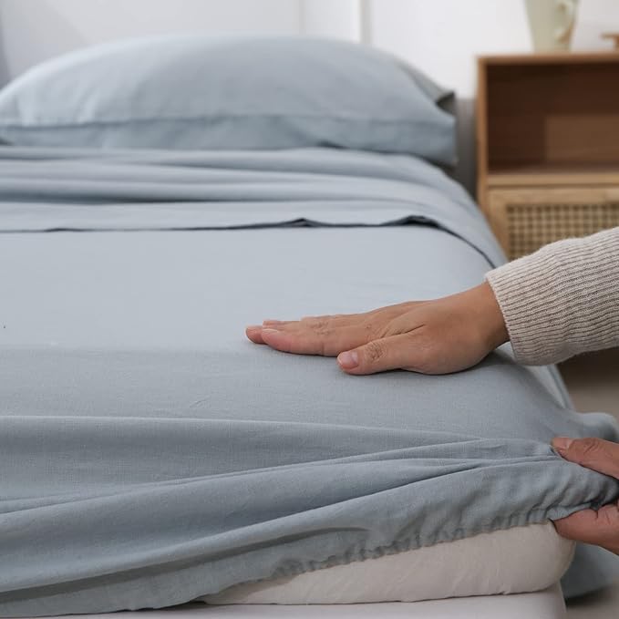 Simple&Opulence Belgian Linen Sheet Set Solid Color - 3 Pieces (1 Flat Sheet, 1 Fitted Sheet & 1 Pillowcase) Natural Flax Cotton Blend Soft Breathable Farmhouse Bedding - Twin Size, Dusty Blue