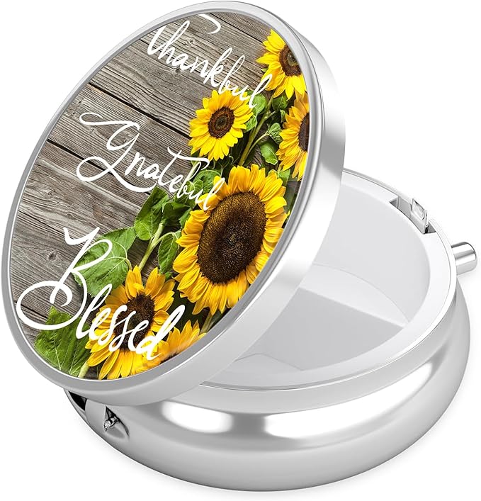 Vintage Sunflower Pill Case, Pill Box 3 Compartments Metal Small Pill Holder with Mirror Mini Travel Pill Container for Purse Pocket Women Men