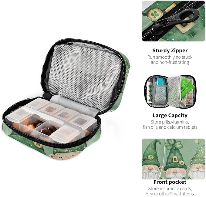 Travel Pill Case Gnomes with Shamrock Flowers Weekly Small Pill Box 7 Day Pill Box Pill Organizer Bag