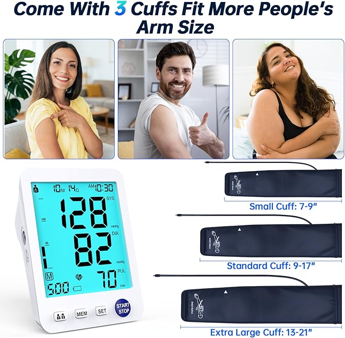 Upper Arm Electronic Blood Pressure Monitor 3 Size Cuffs(S,M/L,XL),Small 7-9",Medium/Large 9-17" and Extra Large Cuff 13-21" Adjustable Blood Pressure Cuff Large LCD Display with Battery & USB Cable
