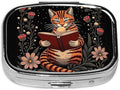 ABLESKY Pill Box, 2 Compartment Pill Organizer Case for Pocket or Purse, Small Portable Metal Travel Medicine Box with Mirror, Daily Vitamins Fish Oil Container-Vintage Reading Cat