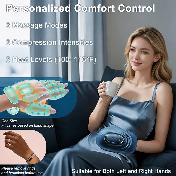 Portable Hand and Wrist Massager with Heat and Compression, 3 Modes, 3 Intensities and 3 Temps (100°F–116°F), for Palm & Fingers, Rechargeable, Home, Office, Travel (Blue)