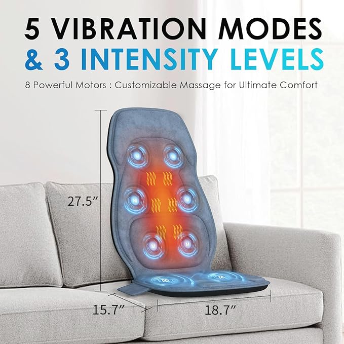Back Massager with Soft Plush Fabric Cover, Massage Seat Cushion with 8 Vibration Motors & 2 Heating Levels, Chair Massager for Recliner, Office Chair, Sofa Use