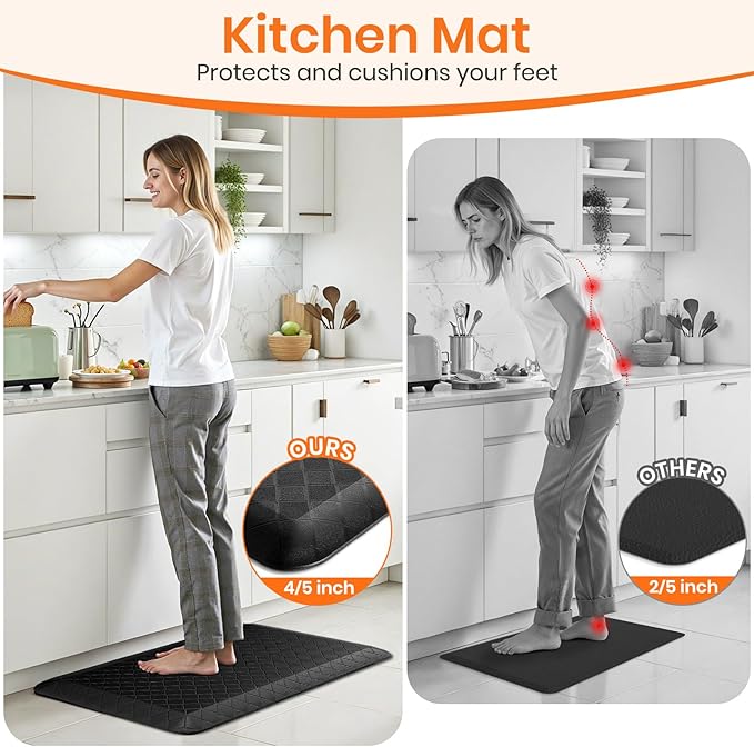 4/5 Inch Extra Thick Kitchen Mats for Floor,Non Slip Anti Fatigue Kitchen Rugs,Waterproof Stain Resistant Sink Mat,Cushioned Standing and Comfort Mats for Office (17"x28" Black)