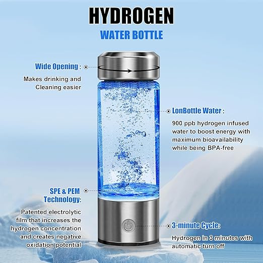 Hydrogen Water Bottle, Hydrogen Rich Water Generator, Rechargeable Portable Glass Hydrogen Water Ionizer Machine with SPE and PEM Technology, for Daily Office Home Travel and Fitness Drinking