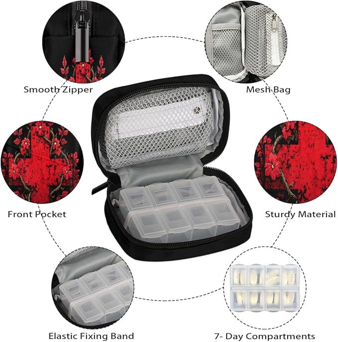 Jesus Red Flower Pill Case Everyday Travel, 7 Day Weekly Medicine Pill Box Compact Portable Pills Bottle Organizer with Zipper for Daily Vitamin Medicine Holder Bottle Organizers Bag