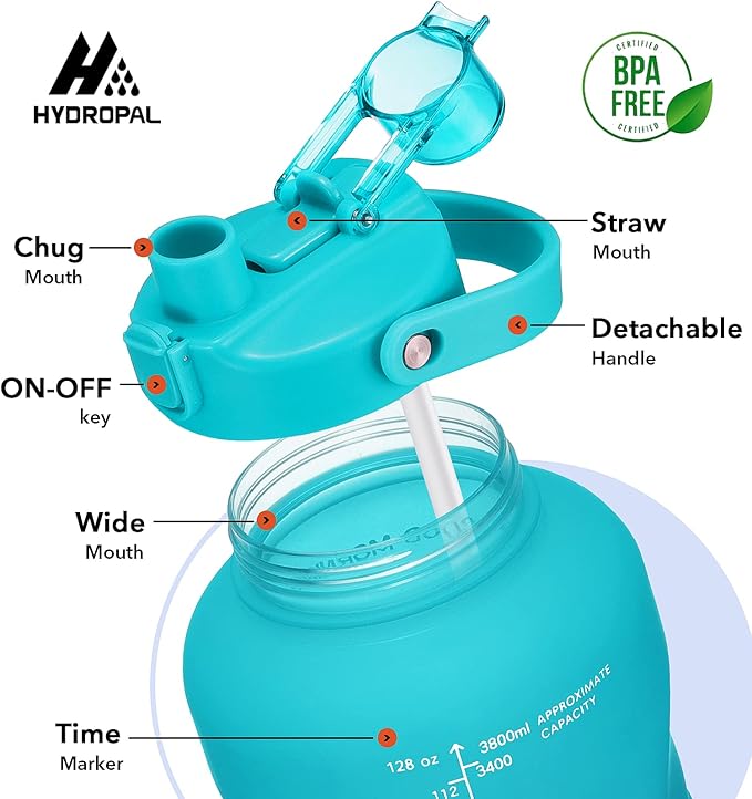 HydroPal 1 Gallon Water Bottles with Straw, 128 oz Water Bottle BPA Free Innovative 2-IN-1 Lid Gym Bottle with Times to Drink Motivational, Large for Sports Fitness Camping Water Jug （13.8X5.5 inch）