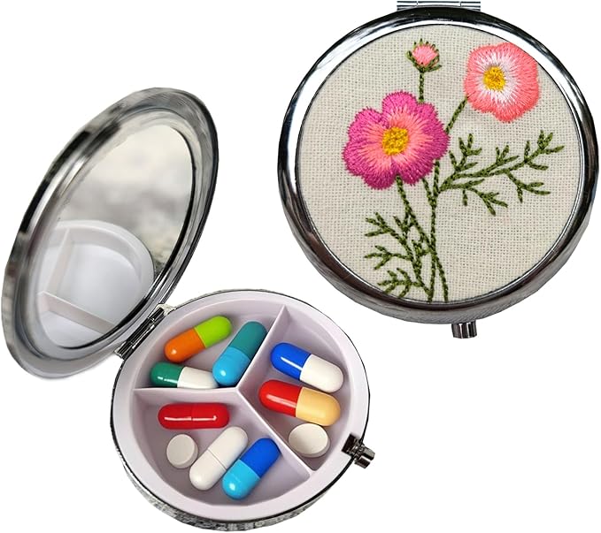 Leimandy 3-Compartment Embroidery Travel Pill Organizer with Mirror Portable Pill Case for Medication & Vitamins Compact Gift Box for Birthdays | Thanksgiving |Teachers Gift L3 (Cosmos Flower)