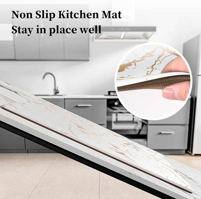 Gold Foil Stamped Marble Kitchen Mats for Floor 2PCS Cushioned Anti Fatigue Non Slip Waterproof Comfort Leather Kitchen Rugs 2/5 Inch PVC Kitchen Mats for Sink, Laundry, 17.3"x28"+17.3"x47",White