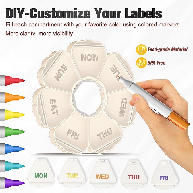 Enlarged Weekly Pill Organizer 7 Day, Daily Pill Box with Never Faded Etched 3D Date Labels, Travel Pill Case with Large Compartment for Medication, Vitamin, Fish Oil, Supplements-Beige
