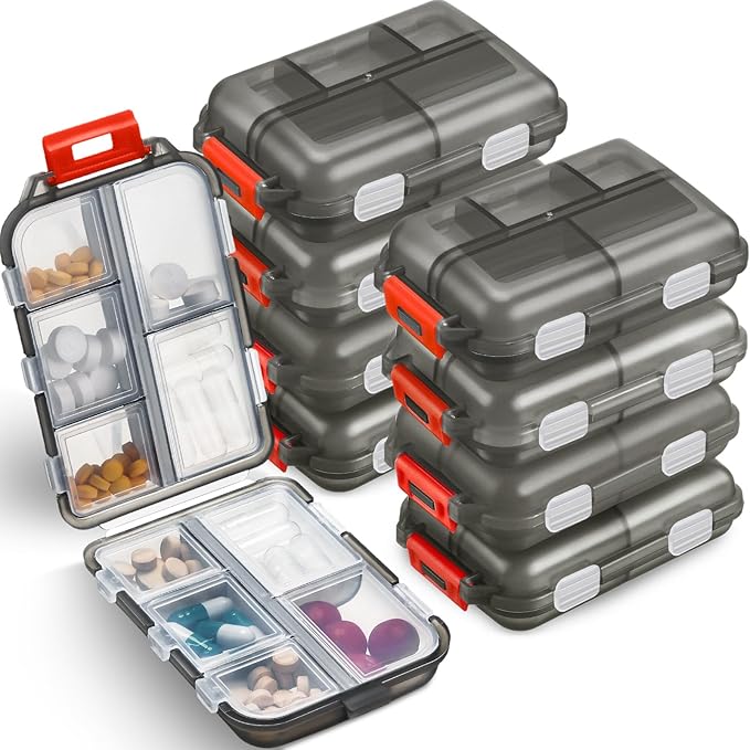 Meekoo 8 Pcs Travel Pill Organizer Pocket Portable Pill Case Daily Container Small Container Medicine Travel with 10 Compartments for Purse Fish Oil Medicine(Gray Red)