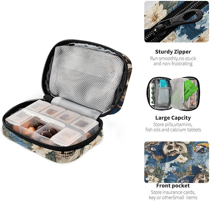 Pirate Skulls Waves Blue Travel Pill Organizer Case Box Container Weekly Portable Vitamin Medicine Holder Storage Bag with Zipper Removable