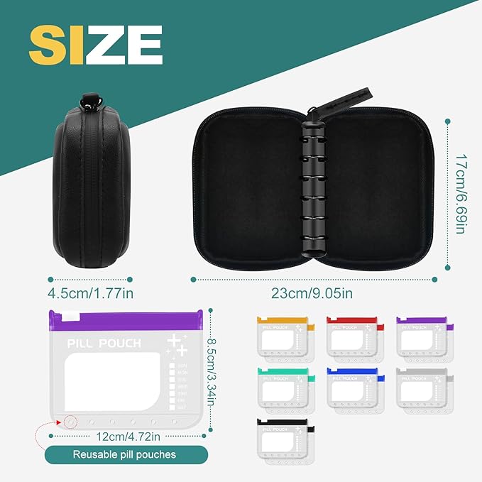 Water-Proof Pill Pouch Set， Large Pill Organizer, Pill Loose-Leaf Storage with Color-Coded Medicine Pouches,BPA Free, Reusable Travel Medicine Organizer， Zippered Pill Organizers Weekly