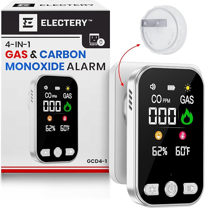 4-in-1 CO Detector & Natural Gas Leak Detector Alarm, Plug-in Carbon Monoxide Detectors with Battery Backup, Digital Display, Temp & Humidity, Portable for Home, Kitchen, RV