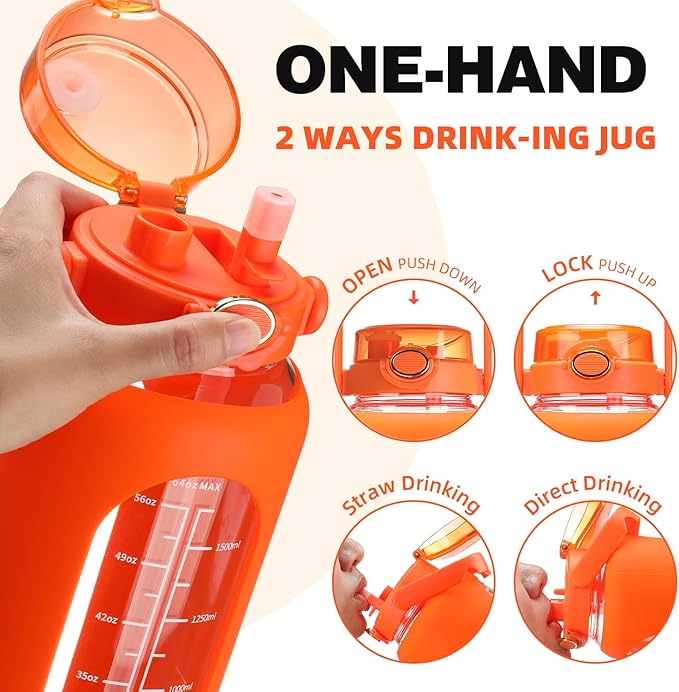 Glass Water Bottle with Straw and Handle Lid Half Gallon Motivational Glass Bottle with Silicone Sleeve and Time Marker Large Reusable Sports Water Jug for Gym Home Workout