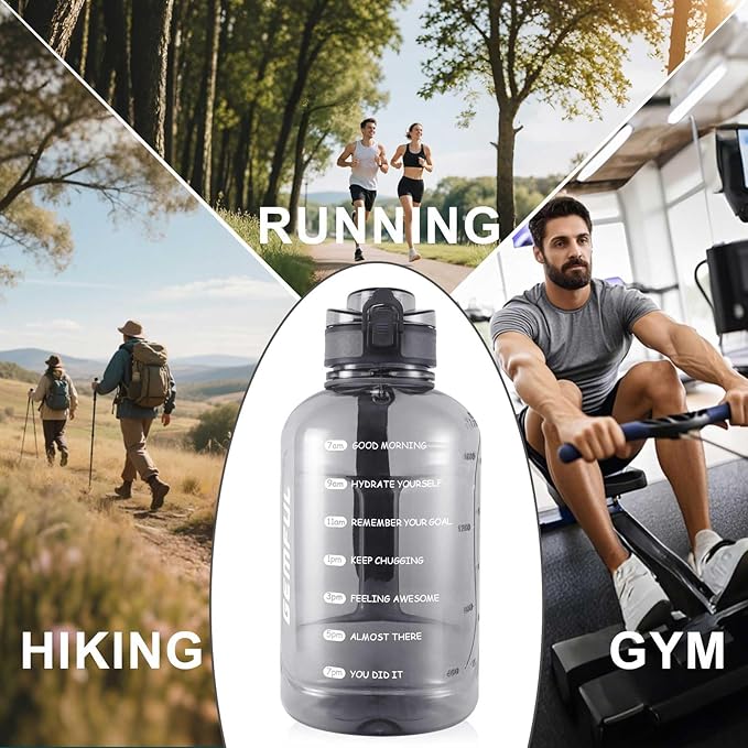 GEMFUL 2 Liter Water Bottle with Time Marker & Handle 64oz Large Motivational Jug for Gym Workouts No Straw Leak Proof BPA Free (Grey)