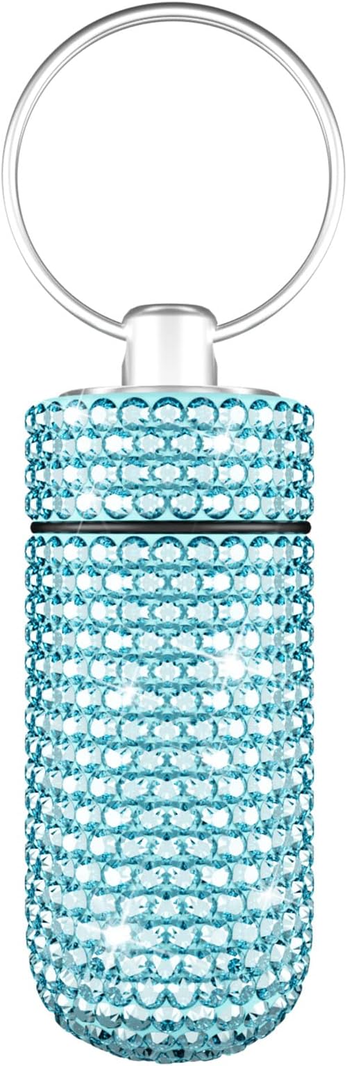 Yuchew Bling Pill Case Pill Container Rhinestone Pill Box Portable Waterproof Pocket Pill Holder Storage Bottle with Keychain for Travel, Outdoor, Camping (Lake Blue)