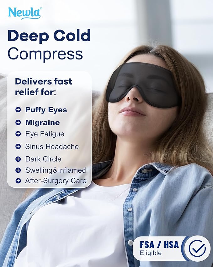 Upgraded Cooling Gel Eye Mask for Puffy Eyes: Larger Full-Eye Cover Design, FSA Eligible Items HSA, Ice-Cold Therapy Relief, Headache & Migraine Relief, Reusable Cold Compress for Eye Strain (Black)