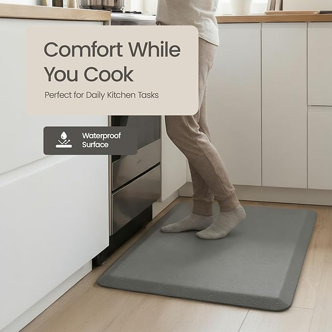 Anti Fatigue Kitchen Mats for Floor | Padded Kitchen Rugs | Non Slip, Cushioned Standing Desk Mat | Waterproof Floor Mat for Home and Office | 17.3" x 28" X 0.47", Grey, 1-Pack | More Décor
