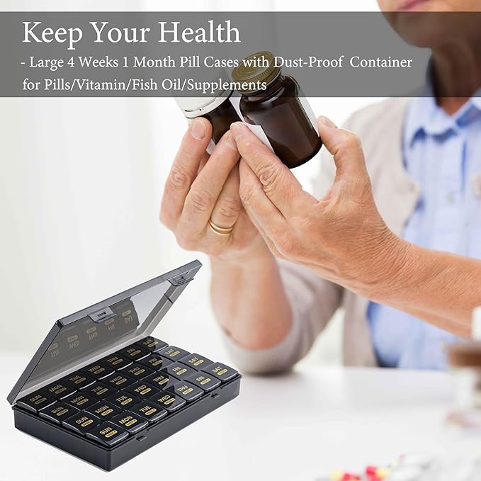 Monthly Pill Organizer, 28 Day Pill Box 1 Time a Day with Dust-Proof Case, Large 4 Weeks a Month Pill Case Container, Daily Vitamin Case Box for Pills/Medicine/Fish Oil/Supplements（Black）