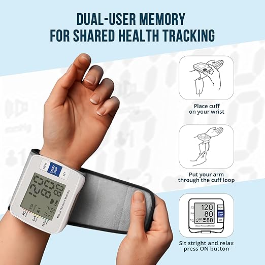 Primacare DS-8006 Wrist Blood Pressure Monitor, Automatic Digital BP Cuff with Irregular Heartbeat Detection, 2 User 180 Memory, LCD Display, Portable Hard Case, Battery Operated