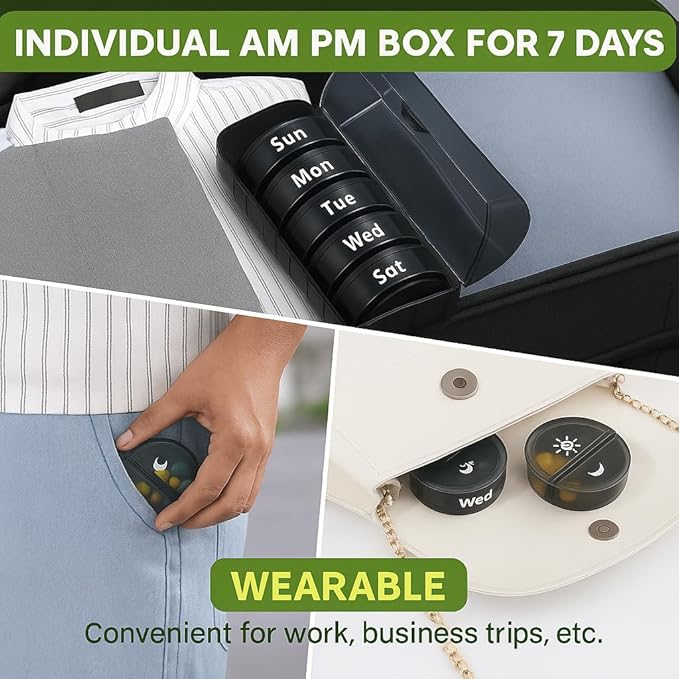 7-Day Pill Organizer with Two Compartments Per Day, Ideal for Pills/Vitamins/Fish Oil/Supplements Storage, BPA-Free and Easy to Clean (Black)