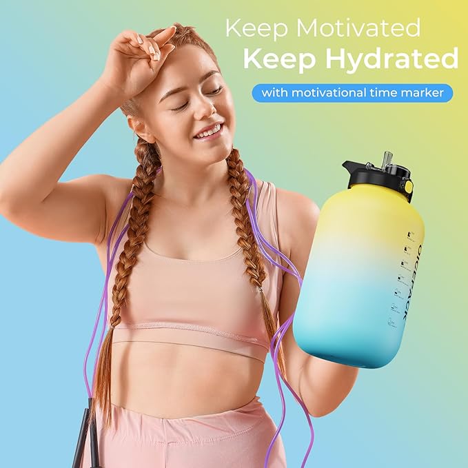 1 Gallon Water Bottle with Straw & Chug lid (optional), BPA Free 128oz Large Water Bottle with Motivational Time Marker and Handle Leak-proof Big Jug