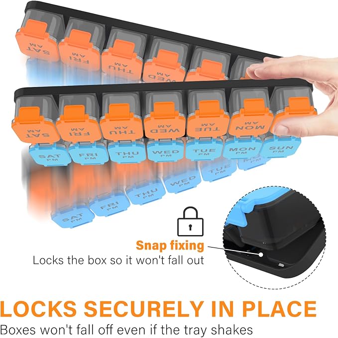 Large 7 Day Pill Organizer, XL AM PM Twice a Day Medicine Storage Box, Big 2 Week Pill Holder for Pills, Vitamins & Supplements, Travel Pill Case for Medication (Blue+Orange)