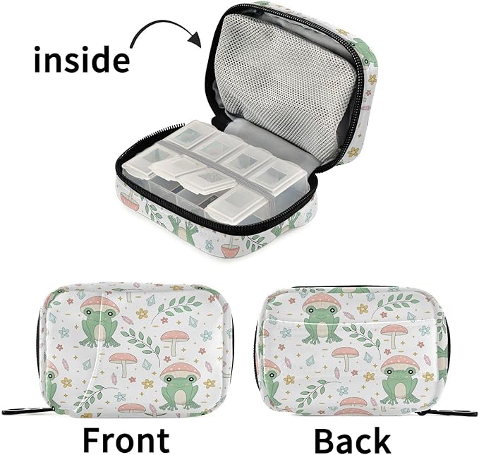 Fustylead Cute Frog and Mushrooms Flowers Twigs Stars Crystal Travel Pill Organizer Bag with Zipper Small Pill Box 7 Day Pill Case for Purse Storage Weekly Vitamin Medicine Supplement