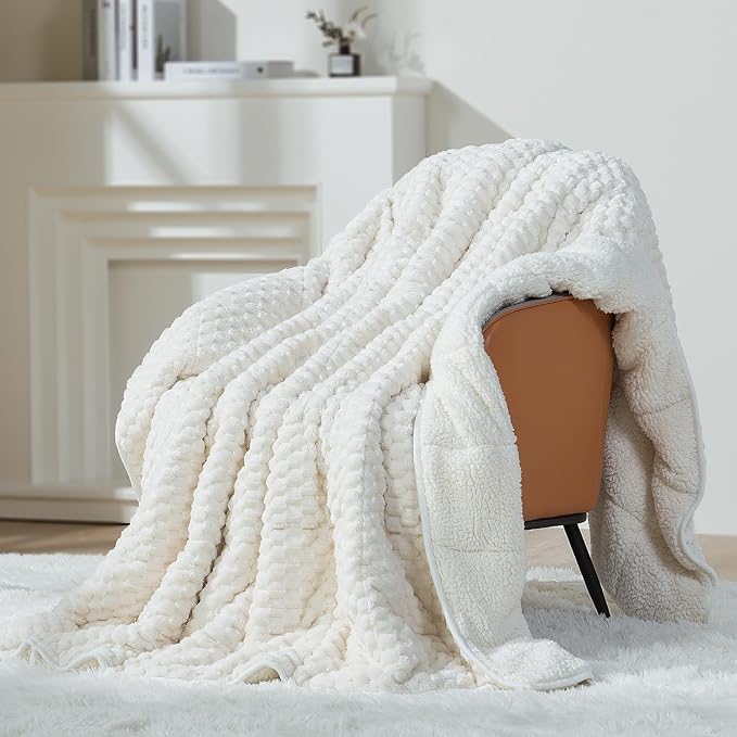 Mr. Sandman Weighted Blankets for Adults Full Size 12lbs, Warm Sherpa Fleece Throw Blanket for Sleep and Calm, Soft Cozy Heavy Bed Blanket with Jacquard Flannel, 48 x 72 Inches, Cream White
