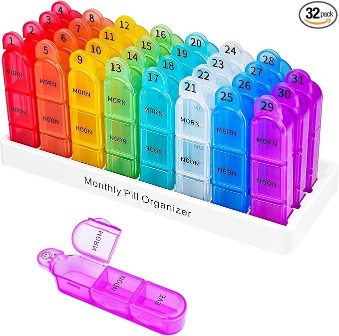 Cruxer Monthly Pill Organiser 3 Times a Day, Detachable 31 Day Pill Box, Travel 3 Times Pill Container, Pill Case 1 Month 32 Compartments, Tablet Organiser to Hold Vitamins, Fish Oil, Supplements