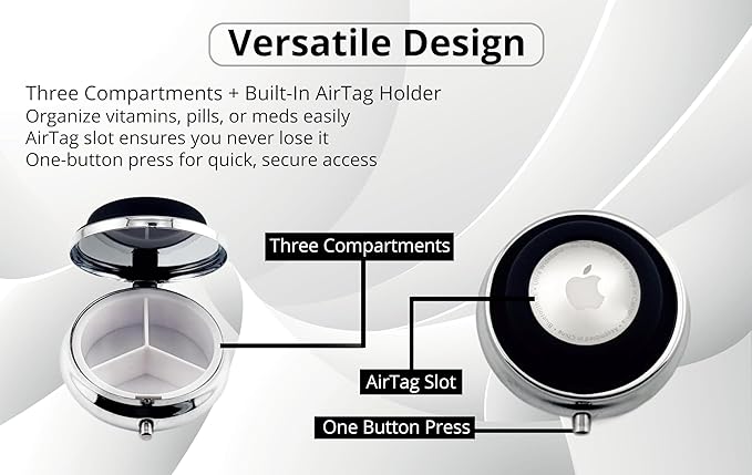 Portable Pill Organizer with AirTag Holder | Metal & Plastic Construction Case | Three Compartments Durable Case | Container Dispenser Holder for Medicine | Silver, Black - Travel Size